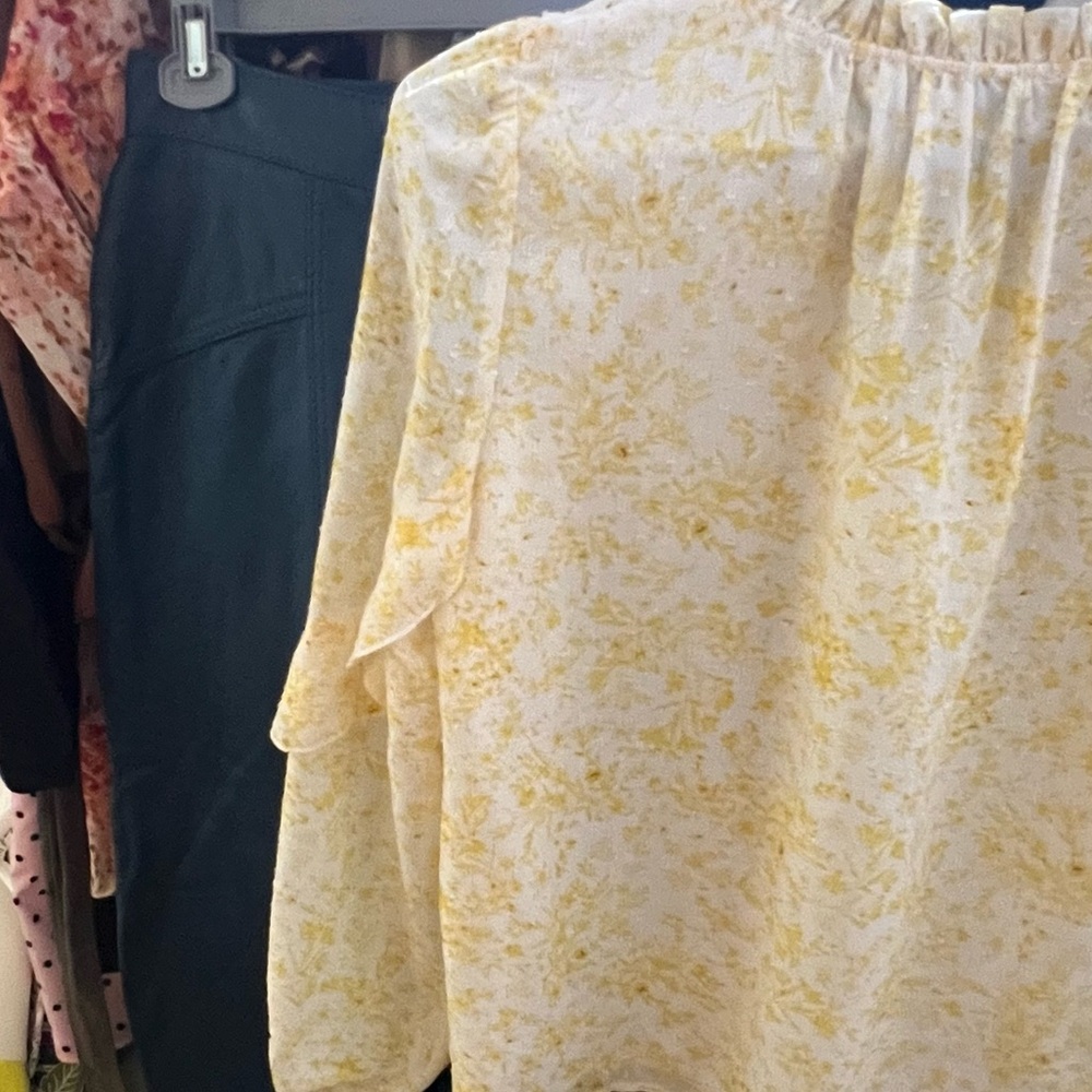 Light Yellow Floral Ruffle Blouse & leather skirt bundle